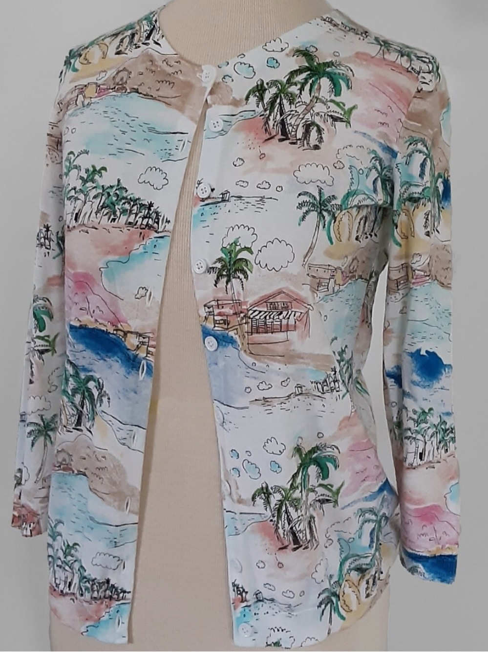 Talbots White Cardigan with Pastel Beach Print